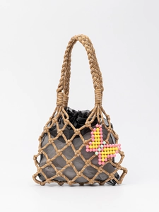 Handgewebte Nylon Netz Umhängetasche Mit Schmetterlings-Perlenanhänger Lässige Strandtasche Mit Kordelzug-Innentasche Damen