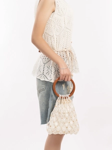 Bohemian pearl and wooden bead woven handbag with round top handles for beach vacations