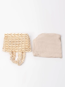 Handmade hollow wood bead tote bag with contrasting inner pouch for casual travel