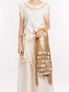 Women Bohemian Handmade Woven Shell Shoulder Bag Tassel Vacation Beach Net Bag With Drawstring Inner Pouch Casual Bucket Handbag
