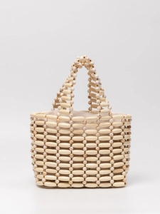 Handcrafted cream wooden beaded handbag with woven marble pattern and drawstring liner