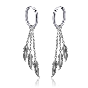 Silver drop earrings with three dangling chains and detailed feather pendants