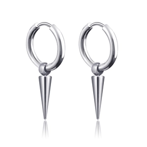 Polished silver punk earrings featuring circular hoops and long cone-shaped spike pendants