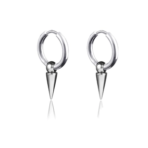 Punk silver stainless steel hoop earrings with sharp cone spikes and glossy finish