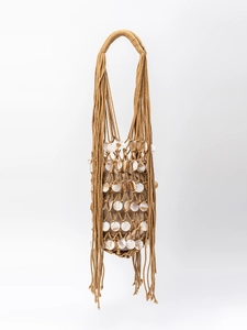 Handmade woven macrame shoulder bag with white seashell discs and long tassels