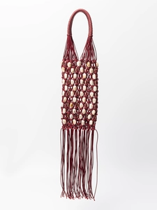 Sac à main tissé bordeaux fait main avec perles en pierre naturelle et longues franges