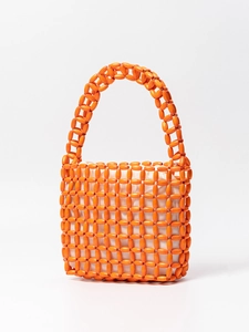 Handmade orange beaded tote bag with mesh structure and white fabric inner pouch