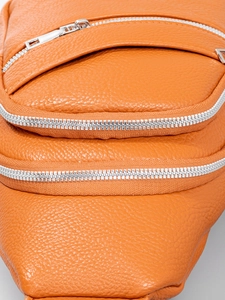 Orange lychee grain PU leather crossbody chest bag with multi-layer silver zippers