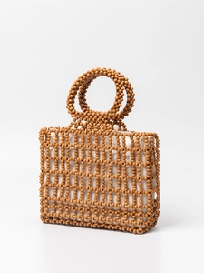 Handmade woven wooden bead handbag with vintage brown beads and round handles