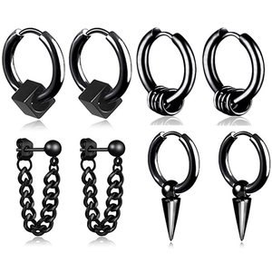 Set di Orecchini da Uomo Punk Neri in Acciaio Inossidabile Cubo Punta Catena Cerchio Orecchini a Bottone Gioielli Gothic Rock