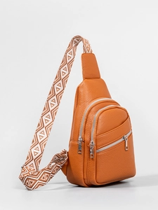 Brown lychee leather crossbody sling bag with multi-zipper and ethnic geometric strap