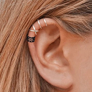 5-piece set of silver and black stainless steel ear cuffs for non-pierced ears