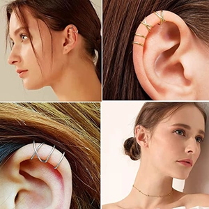 Minimalist gold and silver criss-cross ear cuffs for non-pierced ears in 4-grid view
