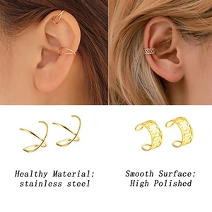 12-piece gold stainless steel ear cuff set with geometric cross and wave designs