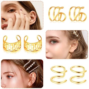 Golden 12-piece ear cuff set for non-pierced ears with polished layered and wavy designs