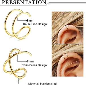 Detail of 8mm gold stainless steel double line and criss cross ear cuffs on model