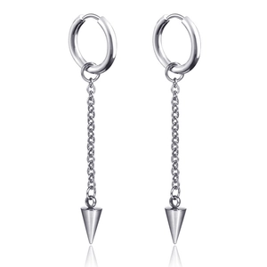 Silver punk style stainless steel dangle earrings with long chain and cone spike charms