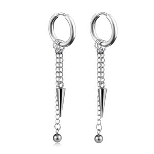 Silver hoop earrings featuring a hanging chain with spike pendant and round beads