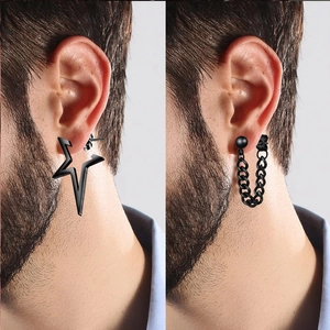 Herren Ohrring Set in Schwarz mit geometrischem Stern und Panzerketten Design