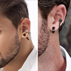 Schwarze Herren-Ohrring-Set mit Schraubsteckern, Ear Cuffs und Axt-Anhängern aus Edelstahl