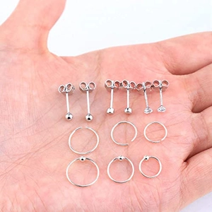 12-delige zilveren piercingset met zirkonia oorknopjes en ringen voor verschillende piercings