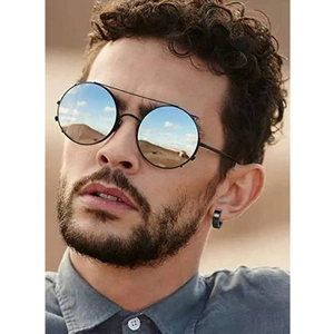 Men's retro round black metal sunglasses with blue mirrored lenses and hoop earrings