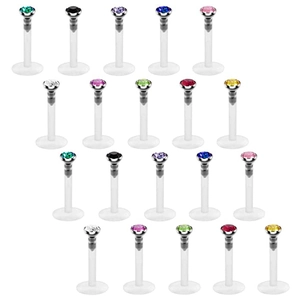 Set di 20 labret in bio-flex trasparente con cristalli di zirconia cubica colorati assortiti