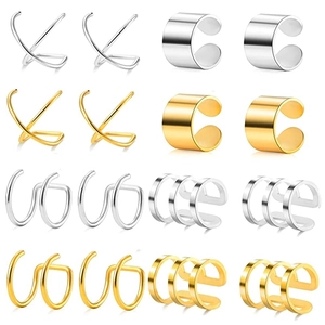 16Pcs No Piercing Ear Cuffs Set For Women Metal Geometric Cross Triple Row Clip On Earrings Gold Silver Fashion Jewelry