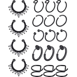 Black Stainless Steel Non Piercing Fake Nose Rings Zirconia Hoop Earrings Ear Cuffs Septum Lip Piercing Jewelry For Women Men