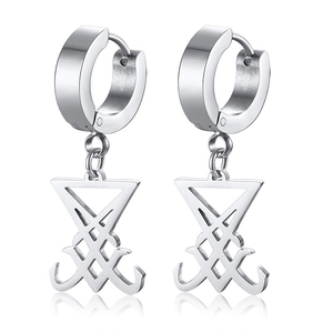 Polished stainless steel hoop earrings with hanging Sigil of Lucifer triangle pendants