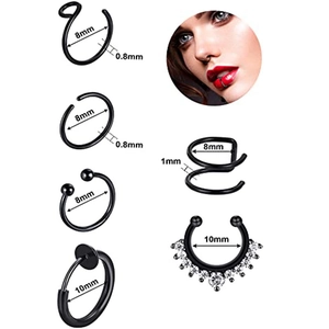 Detailed view of black matte nose rings set with precise size labels and model display