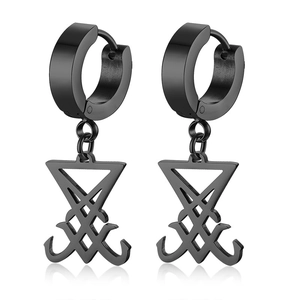 Men's matte black inverted triangle Sigil of Lucifer stainless steel drop earrings