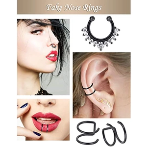 19-piece black fake nose rings and ear clips set with cubic zirconia for non-pierced ears