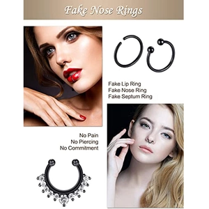 19pcs set of black non-piercing fake nose rings with CZ accents for women and men