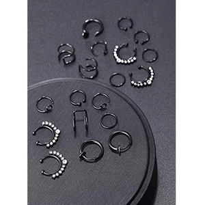 19-piece set of black stainless steel nose rings and ear clips for non-pierced ears