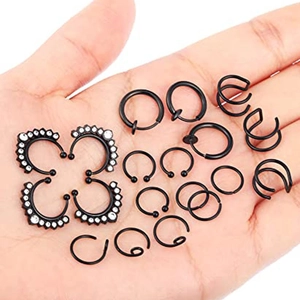 19-piece black stainless steel body jewelry set featuring crystal nose rings and ear clips