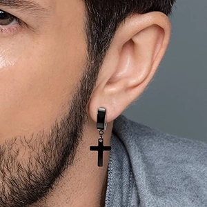 Men's black stainless steel hoop earring featuring a polished hanging cross charm
