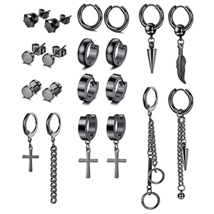 Punk Black Stainless Steel Alloy Earrings Cross Spike Feather Dangle Hoop Stud Earrings Gothic Streetwear Men Women Jewelry
