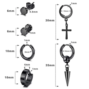 Detailed size chart for black stainless steel punk earring set with various pendants