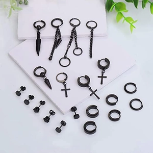 Black stainless steel earring set featuring cross pendants, hoops, and barbell studs