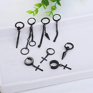 20-piece black stainless steel earring set with gothic cross, chain, and spike charms