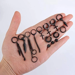 20-piece black stainless steel earring set with cross pendants and punk style chain hoops