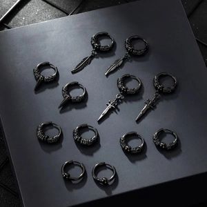 Set of 12 black dragon leaf sword cone rivet pendant hoop earrings for men in matte finish