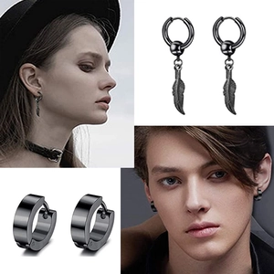 Black stainless steel hoop earrings set with feather pendant and polished ring for unisex