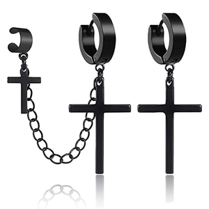 Punk Stainless Steel Cross Pendant Stud Earrings For Men Women Gothic Chain Ear Cuff Earring Hoop Black Silver Jewelry