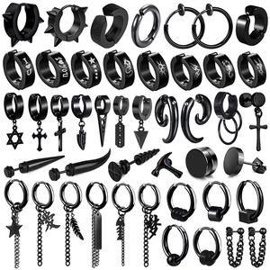 Boucles d'oreilles Clous pour Hommes en Acier Inoxydable Noir Punk Croix Étoile Pendentif Créoles Bijoux Hip Hop