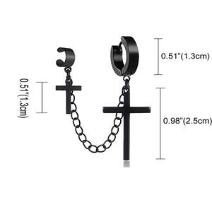 Detailed view of black cross earring set with chain showing exact size measurements