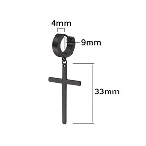 Detailed dimensions of black cross drop earrings with 9mm inner diameter and 33mm cross