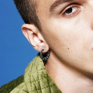 Black stainless steel hoop earring with embossed dragon pattern for men gothic punk style