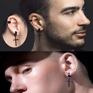 Classic black stainless steel cross pendant earrings with chain and ear cuff for men